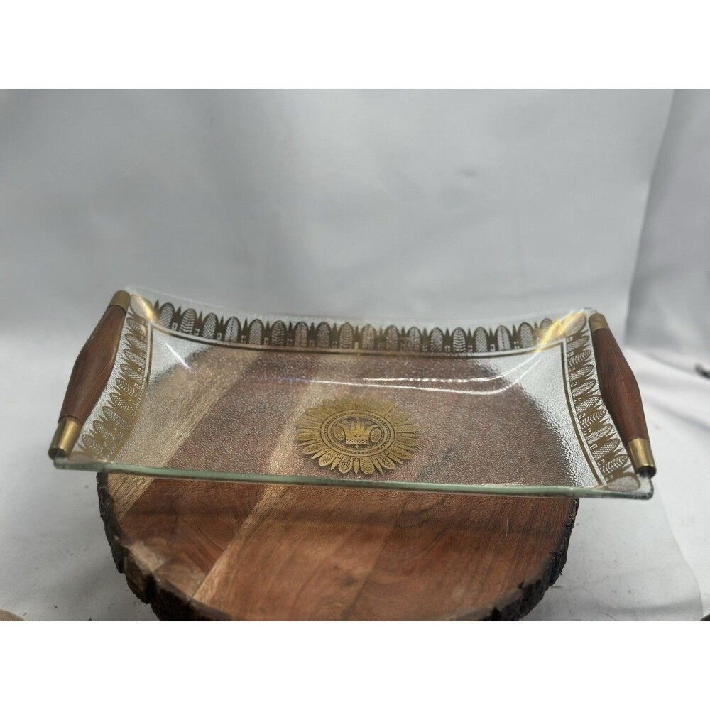 Georges Briard Tray Gold On Glass Midas Crown Teak Handles